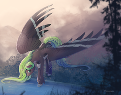 Size: 2200x1729 | Tagged: safe, artist:viwrastupr, oc, oc only, oc:alpha aqua, pegasus, pony, bandage, braid, commission, cute, female, fluffy, long mane, long tail, looking at you, mare, pond, smiling, solo, spread wings, unshorn fetlocks, wings