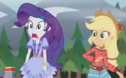 Size: 927x579 | Tagged: safe, screencap, applejack, rarity, equestria girls, g4, my little pony equestria girls: legend of everfree, camp fashion show outfit