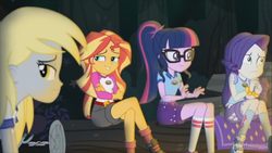 Size: 1366x768 | Tagged: safe, screencap, derpy hooves, rarity, sci-twi, sunset shimmer, twilight sparkle, equestria girls, g4, my little pony equestria girls: legend of everfree, clothes, ponytail, shorts