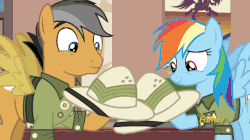 Size: 600x337 | Tagged: safe, screencap, daring do, quibble pants, rainbow dash, earth pony, pegasus, pony, g4, stranger than fan fiction, animated, duo, female, laughing, male, mare, stallion
