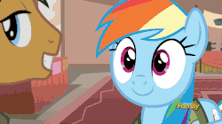 Size: 600x337 | Tagged: safe, screencap, daring do, quibble pants, rainbow dash, earth pony, pegasus, pony, g4, stranger than fan fiction, animated, cute, dashabetes, discovery family logo, duo, female, hnnng, male, mare, smiling, stallion