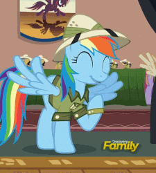 Size: 566x630 | Tagged: safe, screencap, rainbow dash, pegasus, pony, g4, season 6, stranger than fan fiction, animated, c:, clothes, cropped, cute, dashabetes, discovery family logo, female, frown, hat, looking away, mare, shy, smiling, solo, spread wings, wide eyes, wings