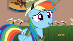 Size: 1280x719 | Tagged: safe, screencap, rainbow dash, pegasus, pony, g4, stranger than fan fiction, cute, dashabetes, discovery family logo, female, hat, mare, open mouth, solo