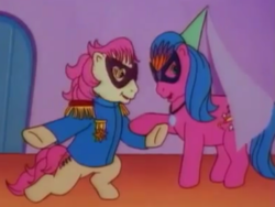 Size: 1158x870 | Tagged: safe, screencap, melody, patch (g1), earth pony, pony, g1, my little pony tales, the play's the thing, bipedal, clothes, domino mask, duo, duo female, female, hat, hennin, party hat, princess, shipping fuel