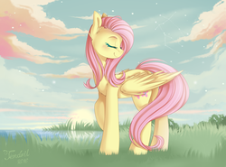 Size: 1024x759 | Tagged: safe, artist:ten-dril, fluttershy, g4, blushing, cute, eyes closed, female, raised hoof, shyabetes, sky, solo, turned head