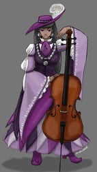 Size: 1415x2498 | Tagged: safe, artist:zabchan, octavia melody, human, g4, bard, cello, clothes, dress, dungeons and dragons, fantasy, fantasy class, female, garb, hat, humanized, medieval, music notes, musical instrument, pimp hat, solo