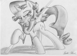 Size: 3510x2550 | Tagged: safe, artist:itchykitchy, rarity, g4, female, monochrome, pimp cane, solo, traditional art