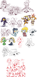 Size: 2000x4147 | Tagged: safe, artist:xenon, applejack, fluttershy, pinkie pie, g4, clothes, crossover, dress, froufrou glittery lacy outfit, giroro, hennin, keroro gunsou, puffy sleeves, sergeant frog, sketch, sketch dump, tamama, unshorn fetlocks