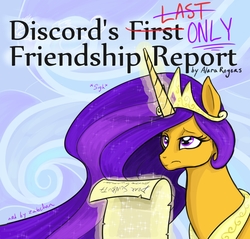 Size: 3450x3300 | Tagged: safe, artist:zabchan, discord, princess celestia, fanfic:discords first last and only friendship report, g4, alternate color palette, cover art, eyeroll, fanfic, fanfic art, female, food, friendship report, glowing horn, hidden discord, high res, horn, orange, palette swap, purple, purple mane, recolor, scroll, sigh, solo, title card