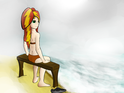 Size: 2000x1500 | Tagged: safe, artist:minosua, sunset shimmer, human, g4, beach, bench, clothes, fog, humanized, ocean, panties, underwear