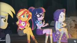 Size: 1284x719 | Tagged: safe, screencap, derpy hooves, rarity, sci-twi, sunset shimmer, twilight sparkle, equestria girls, g4, my little pony equestria girls: legend of everfree, camp everfree outfits, female, glasses, ponytail