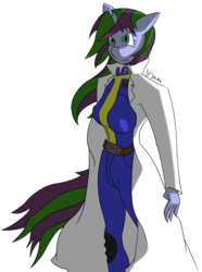 Size: 1402x1885 | Tagged: safe, artist:iiistrife, oc, oc only, oc:star run, unicorn, anthro, fallout equestria, clothes, fallout, jumpsuit, lab coat, solo, vault suit