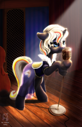 Size: 2000x3091 | Tagged: safe, artist:nemo2d, oc, oc only, oc:velvet remedy, pony, unicorn, fallout equestria, bipedal, bipedal leaning, cello, clothes, dress, fanfic, fanfic art, female, floppy ears, high res, hooves, horn, lidded eyes, mare, microphone, musical instrument, open mouth, overmare studios, see-through, smiling, solo, spotlight