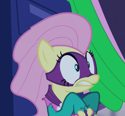 Size: 444x413 | Tagged: safe, screencap, fluttershy, saddle rager, pony, g4, power ponies (episode), season 4, female, mare, power ponies, scared, solo
