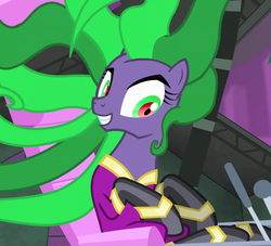 Size: 719x653 | Tagged: safe, screencap, mane-iac, earth pony, pony, g4, power ponies (episode), season 4, bust, female, grin, looking down, portrait, smiling, solo, turned head