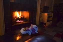 Size: 2464x1632 | Tagged: safe, artist:oppositebros, princess luna, g4, female, filly, fireplace, irl, photo, ponies in real life, s1 luna, sleeping, solo, woona