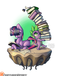 Size: 1024x1325 | Tagged: safe, artist:northernsprint, spike, twilight sparkle, g4, book, dirt cube, eye clipping through hair, eyebrows, eyebrows visible through hair, lying down, missing cutie mark, patreon, patreon logo, prone, reading, simple background, white background