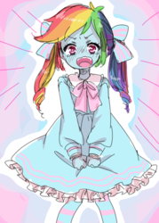 Size: 500x700 | Tagged: safe, artist:weiliy, rainbow dash, equestria girls, g4, blushing, clothes, cute, dashabetes, dress, embarrassed, female, pigtails, rainbow dash always dresses in style, solo, younger