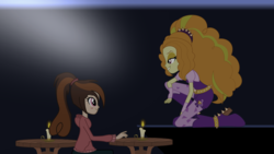 Size: 8168x4597 | Tagged: safe, artist:lifes-remedy, adagio dazzle, oc, oc:cupcake slash, equestria girls, g4, absurd resolution, candle, clothes, equestria girls-ified, fire, high heels, hoodie, pants, shipping, spikes, table