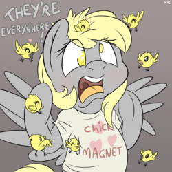 Size: 2000x2000 | Tagged: safe, artist:fluffyxai, derpy hooves, bird, chicken, pegasus, pony, g4, alfred hitchcock, animal, chick, chick magnet, chicks, clothes, cute, derpabetes, female, funny, high res, mare, open mouth, panic, pun, shirt, solo, the birds