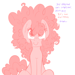 Size: 2000x2000 | Tagged: safe, artist:fluffyxai, pinkie pie, pony, g4, female, fluffy, frizzy hair, high res, joke, mane, monochrome, offscreen character, smiling, solo, speech