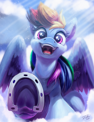Size: 900x1172 | Tagged: safe, artist:tsitra360, rainbow dash, pegasus, pony, g4, crepuscular rays, female, hoof focus, hoofbump, hooves, horseshoes, human teeth, looking at you, mare, mawshot, offscreen character, open mouth, pov, signature, solo, underhoof