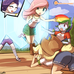 Size: 750x750 | Tagged: safe, artist:lumineko, applejack, fluttershy, rainbow dash, rarity, equestria girls, g4, my little pony equestria girls: legend of everfree, applejack's hat, ass, blushing, butt, clothes, cloud, cowboy hat, eyes closed, female, hat, open mouth, patreon, patreon logo, power out of control, scene interpretation, shield, shoes, shorts, skirt, sky, socks, tank top, that was fast