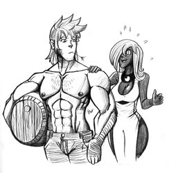 Size: 1024x1048 | Tagged: safe, artist:thebestjojo, big macintosh, princess luna, human, g4, abs, barrel, breasts, busty princess luna, chest hair, cleavage, clothes, dark skin, dress, female, flirting, flustered, frown, grayscale, great macintosh, humanized, male, monochrome, muscles, nervous, nipples, open mouth, ship:lunamac, shipping, smiling, straight, straw, stupid sexy big macintosh, topless, traditional art, wide eyes, wide hips