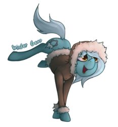 Size: 1477x1585 | Tagged: safe, artist:marsminer, oc, oc only, oc:winter gear, pony, bucking, clothes, cute, dock, hoodie, open mouth, pinup, simple background, smiling, solo, transparent background