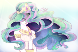 Size: 1348x903 | Tagged: safe, artist:markkornich1, princess celestia, human, g4, clothes, dress, female, flowing hair, hair over one eye, humanized, solo