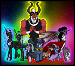 Size: 952x839 | Tagged: safe, artist:melspyrose, bray, grogar (g1), king sombra, lord tirek, nightmare moon, queen chrysalis, starlight glimmer, trixie, alicorn, bat pony, bat pony alicorn, centaur, changeling, changeling queen, donkey, pony, sheep, unicorn, g1, g4, antagonist, bat wings, bedroom eyes, cloven hooves, frown, glowing, grin, looking at you, male, open mouth, race swap, raised eyebrow, raised hoof, ram, smiling, smirk, sombracorn, villains of equestria