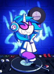 Size: 1395x1920 | Tagged: safe, artist:zanefir-dran, dj pon-3, vinyl scratch, pony, unicorn, g4, clothes, equestria girls outfit, female, grin, headphones, record, smiling, solo