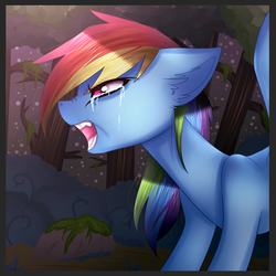 Size: 5000x5000 | Tagged: safe, artist:kurochhi, rainbow dash, g4, absurd resolution, angry, crying, ears back, everfree forest, female, glare, nose wrinkle, open mouth, solo, spread wings