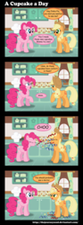 Size: 1700x4550 | Tagged: safe, artist:thejourneysend, applejack, pinkie pie, earth pony, pony, g4, applejack is not amused, chef's hat, comic, confetti, cupcake, eyes closed, female, food, hat, looking at each other, looking at someone, mare, raised hoof, sneezing, unamused, wide eyes