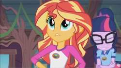 Size: 960x542 | Tagged: safe, screencap, sci-twi, sunset shimmer, twilight sparkle, equestria girls, g4, my little pony equestria girls: legend of everfree, camp everfree logo, camp everfree outfits, faic, female, glasses
