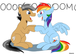 Size: 1400x1000 | Tagged: safe, artist:zoruanna, quibble pants, rainbow dash, earth pony, pegasus, pony, g4, stranger than fan fiction, fangirling, female, holding hooves, male, mare, ship:quibbledash, shipping, simple background, sitting, smiling, stallion, straight, white background