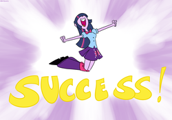 Size: 2000x1400 | Tagged: safe, artist:mofetafrombrooklyn, twilight sparkle, equestria girls, g4, clothes, happy, jumping, leg warmers, one word, pleated skirt, reaction image, shoes, skirt, success