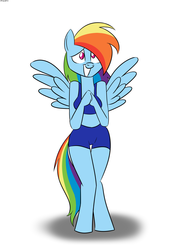 Size: 1350x1950 | Tagged: safe, artist:mofetafrombrooklyn, rainbow dash, anthro, g4, clothes, female, midriff, shorts, solo, sports bra