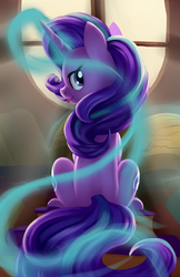 Size: 3300x5100 | Tagged: safe, artist:grennadder, starlight glimmer, pony, unicorn, g4, book, female, glowing horn, horn, looking at you, looking back, magic, mare, sitting, smiling, solo, tongue out