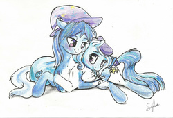 Size: 2448x1661 | Tagged: safe, artist:silfoe, trixie, oc, oc:wish, pegasus, pony, unicorn, g4, accessory swap, blushing, canon x oc, cap, clothes swap, colored sketch, cuddling, cute, eye contact, female, floppy ears, grin, hat, lesbian, lidded eyes, looking at each other, mare, prone, shipping, simple background, smiling, snuggling, stars, tail, tail wrap, trixie's hat, white background