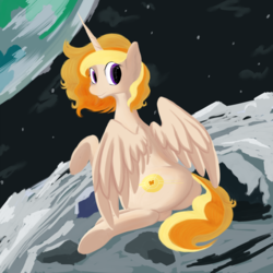 Size: 2500x2500 | Tagged: artist needed, safe, color edit, edit, oc, oc only, oc:hemera, alicorn, pony, alicorn oc, butt, colored, high res, looking at you, moon, plot, space