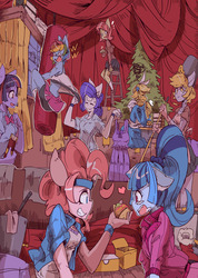 Size: 1818x2551 | Tagged: safe, artist:asprin white rabbit, applejack, derpy hooves, fluttershy, pinkie pie, rainbow dash, rarity, sonata dusk, twilight sparkle, anthro, g4, clothes, equestria girls outfit, headband, mane six, that pony sure does love tacos, tree