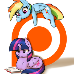 Size: 2400x2400 | Tagged: safe, artist:captainpudgemuffin, rainbow dash, twilight sparkle, alicorn, pony, g4, advertisement, behaving like a cat, book, cute, duo, female, fluffy, high res, lidded eyes, patreon, patreon logo, ponyloaf, prone, raised eyebrow, reading, simple background, sitting, smiling, twiabetes, twilight sparkle (alicorn), watching, white background