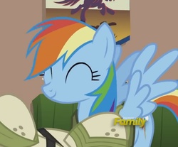 Size: 815x674 | Tagged: safe, screencap, rainbow dash, pegasus, pony, g4, stranger than fan fiction, cute, dashabetes, discovery family logo, eyes closed, female, mare, smiling, solo, spread wings, wings