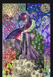 Size: 1700x2450 | Tagged: safe, artist:neustrasbourg, twilight sparkle, alicorn, pony, g4, dead, female, horn, implied murder, implied princess cadance, implied princess celestia, implied princess luna, implied regicide, pile, severed horn, skull, solo, stained glass, twilight sparkle (alicorn), tyrant sparkle