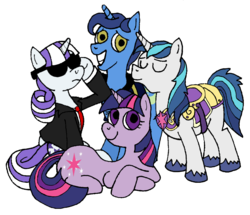 Size: 1216x1048 | Tagged: safe, artist:midnight-cobra, night light, shining armor, twilight sparkle, twilight velvet, pony, unicorn, g4, armor, clothes, female, male, mare, sparkle family, stallion, sunglasses