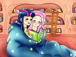 Size: 3100x2344 | Tagged: dead source, safe, artist:shiko-k, fluttershy, twilight sparkle, human, g4, blanket, book, duo, female, golden oaks library, horn, horned humanization, humanized, lesbian, reading, ship:twishy, shipping