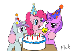 Size: 1177x833 | Tagged: safe, artist:flak--k, amethyst star, liza doolots, petunia, pinkie pie, sparkler, tootsie flute, g4, cake, food