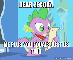 Size: 554x454 | Tagged: safe, edit, edited screencap, screencap, spike, dragon, friendship is magic, g4, caption, cropped, image macro, implied shipping, implied spicora, implied straight, implied zecora, letter, makeameme.org, male, meme, quill, scroll, spike's love letters, text, tongue out, twilight's canterlot home, window