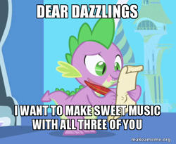 Size: 554x454 | Tagged: safe, edit, edited screencap, screencap, spike, dragon, friendship is magic, g4, caption, image macro, letter, makeameme.org, male, meme, quill, scroll, spike's love letters, the dazzlings, tongue out, twilight's canterlot home, window